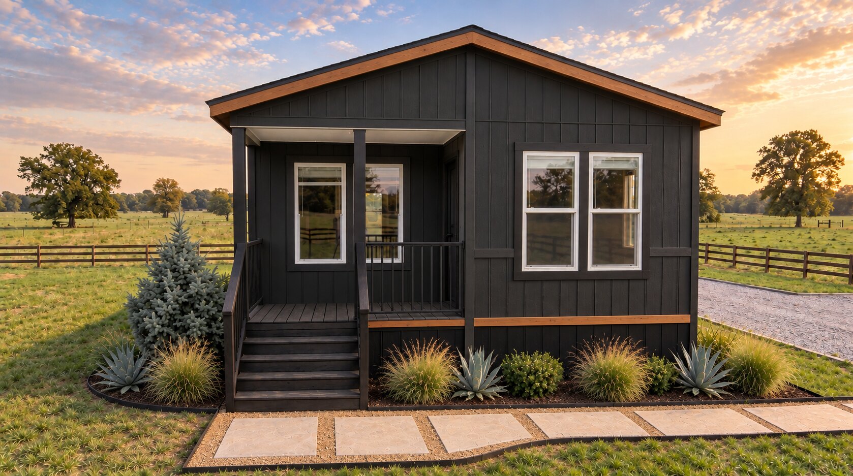 Black factory-built home with porch